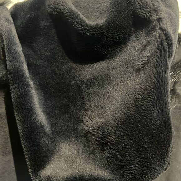 Jones New York Black Faux Suede‎ Real Rabbit Fur Trim Hooded Coat Size S - Picture 10 of 15